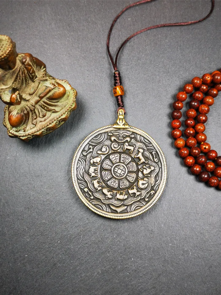 Gandhanra Antique Tibetan Buddhist Amulet,Melong Mirror,Calendar Badge,SIPAHO(srid pa ho),Made of Lima Brass,2.6"