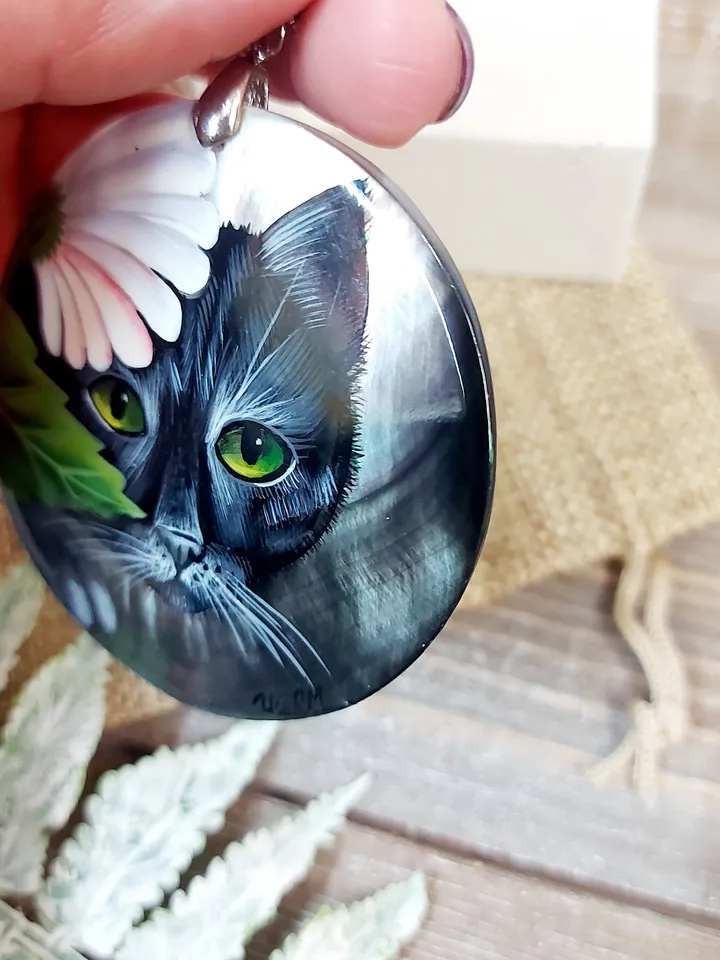 Pearl pendant necklace: Curious Black Cat under white blossom • Handmade jewelry with cute kitten • Rare cute animal pendant made from shell