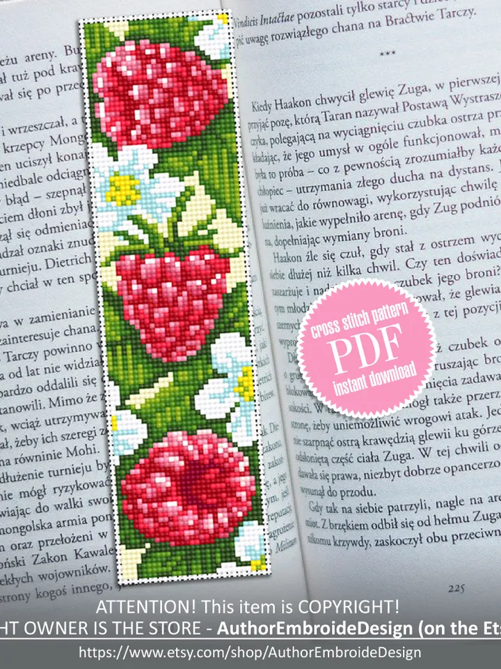 Raspberry bookmark cross stitch pattern download PDF Red berries cross stitch chart, Digital bookmark fruit, Floral bookmark pattern #B150