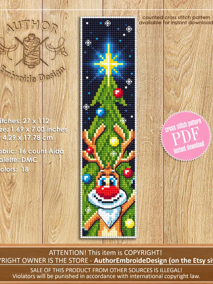 Christmas bookmark cross stitch pattern download PDF Handmade bookmark deer xstitch chart Christmas tree cross stitch gifts New Year #B41