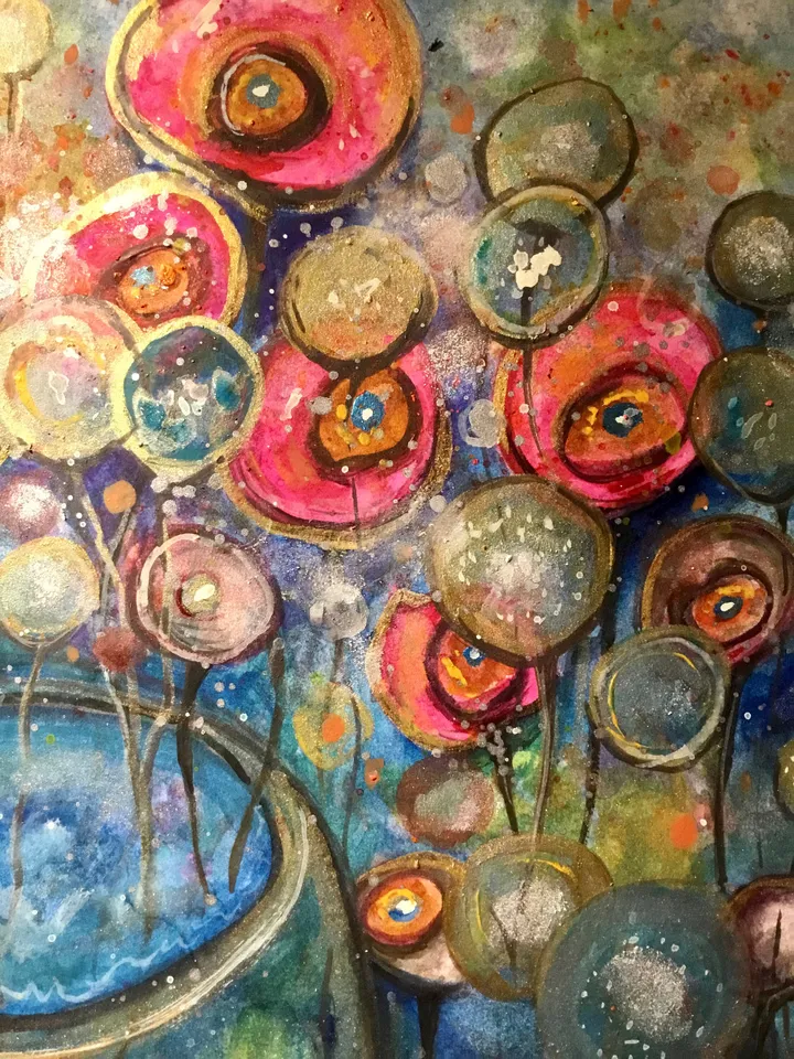 Foreign gardens-original watercolour mix media painting,fantasy flowers wall art,floral landscape,wall decoration,unique gift.