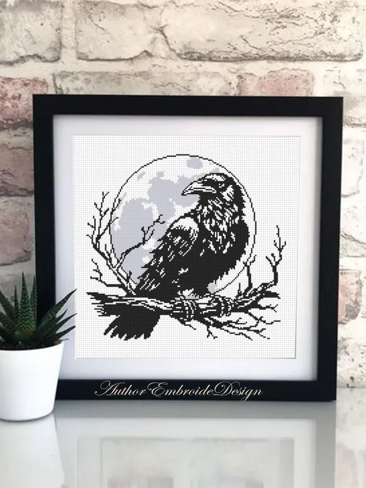 Raven cross stitch pattern PDF download Woodcut crow cross stitch chart, Gothic pattern digital PDF, Full moon, Halloween pattern #L88