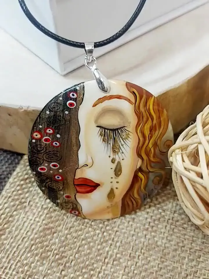 Hand Painted Necklace. Mother-of-pearl Russian hand-painted necklace pendant "Le lacrime di Freyja". Hand paint necklace pendant.