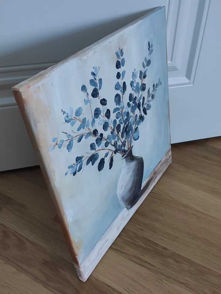 Original oil painting on canvas still life with eucalyptus