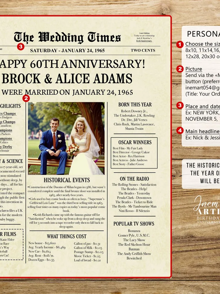 60th Wedding Anniversary Gift for Parents, 1965 Anniversary Newspaper Poster, 60th Anniversary Party Decor, Printable Digital File