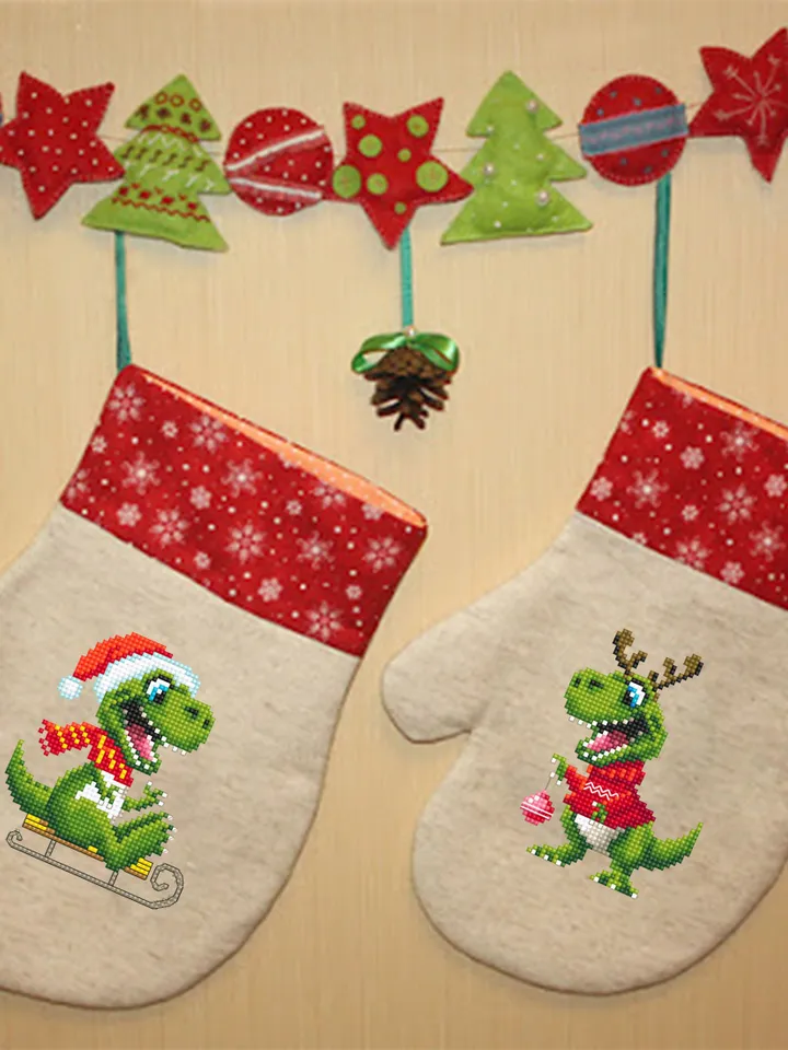 Funny dinosaur christmas cross stitch pattern PDF download, Set of 2 small dinosaur cross stitch chart, Cute dino pattern digital PDF #N116