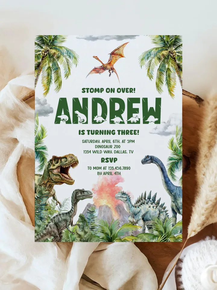 Dinosaur Birthday Invitation, Dinosaur Birthday Party Invite Template, Stomp on Over Dino Birthday, Boy Birthday Invitation Canva Template