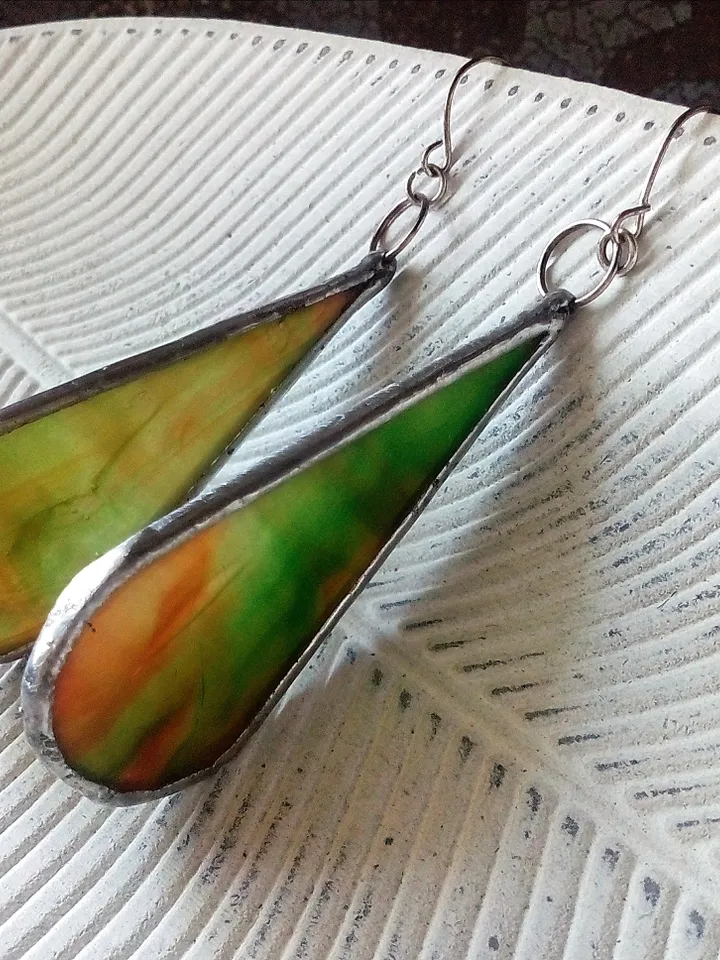 Multicolor drop earrings, Dangle  stained glass earrings, pink long earrings, simple stained glass