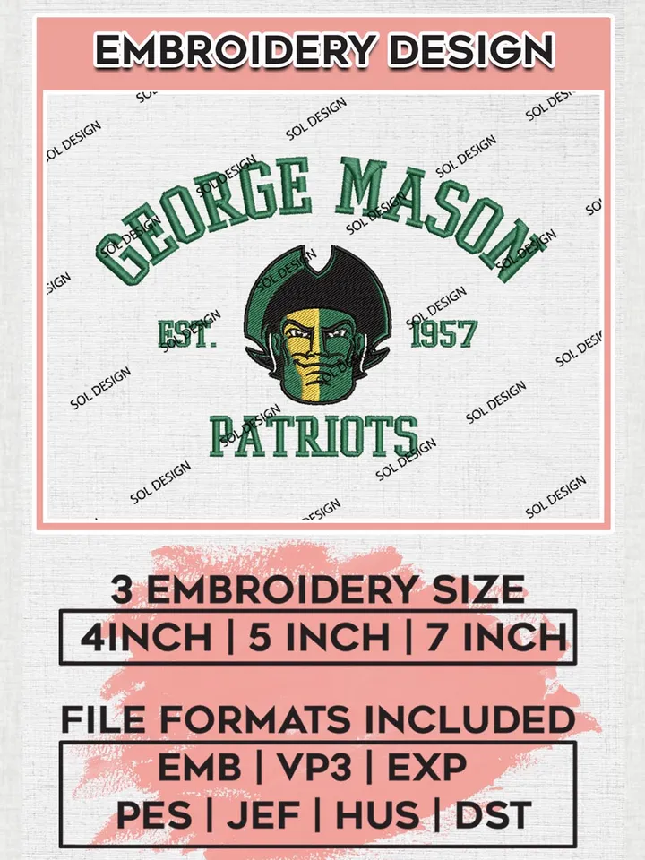 George Mason Patriots Est 1957 Logo Embroidery Designs, NCAA George Mason Patriots Team Embroidery, NCAA Team Logo, 3 sizes, Machine embroidery Files, Digital Download