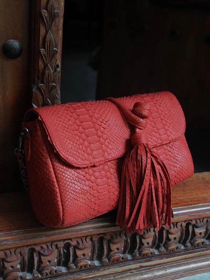 Genuine Python Skin Clutch with tassel |women purse | exotic leather bags | red classy evening clutch | designer crossbody bag handmade