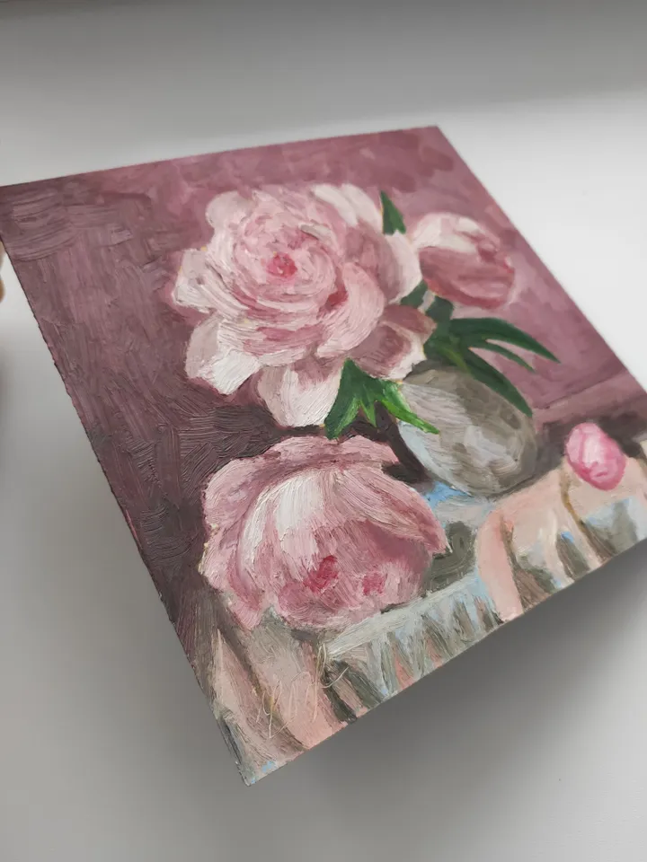 Oil painting on cardboard peonies