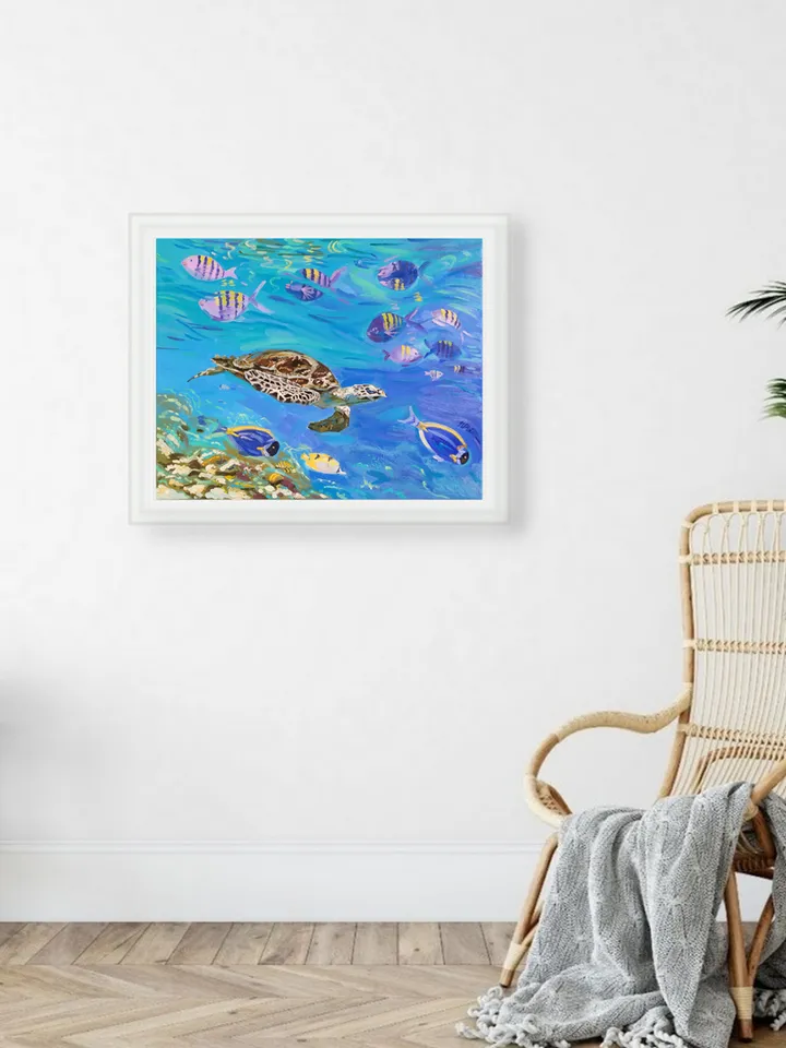 Turtle painting Tortoise Original Art 16 by 20 Fish painting on canvas art square Terrapin artwork by Natalia Plotnikova