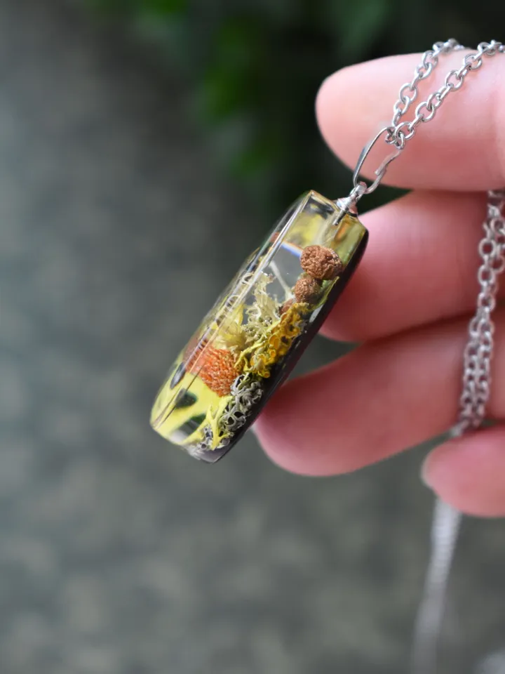 Lichen and mushroom pendant. Pendant with lichen in resin. Necklace with real lichen. Forest medallion with lichen and moss in resin.