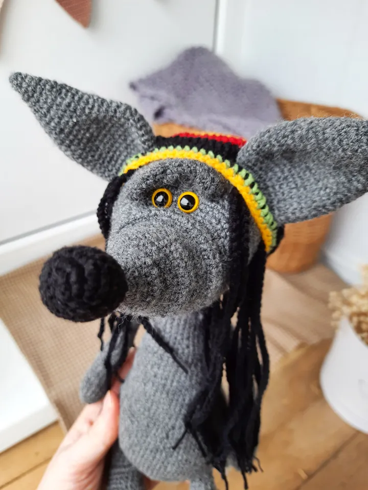 Gray wolf toy in Funny Bob Marley Rasta dreadlock Hat. Replica Rasta toy best friends gift