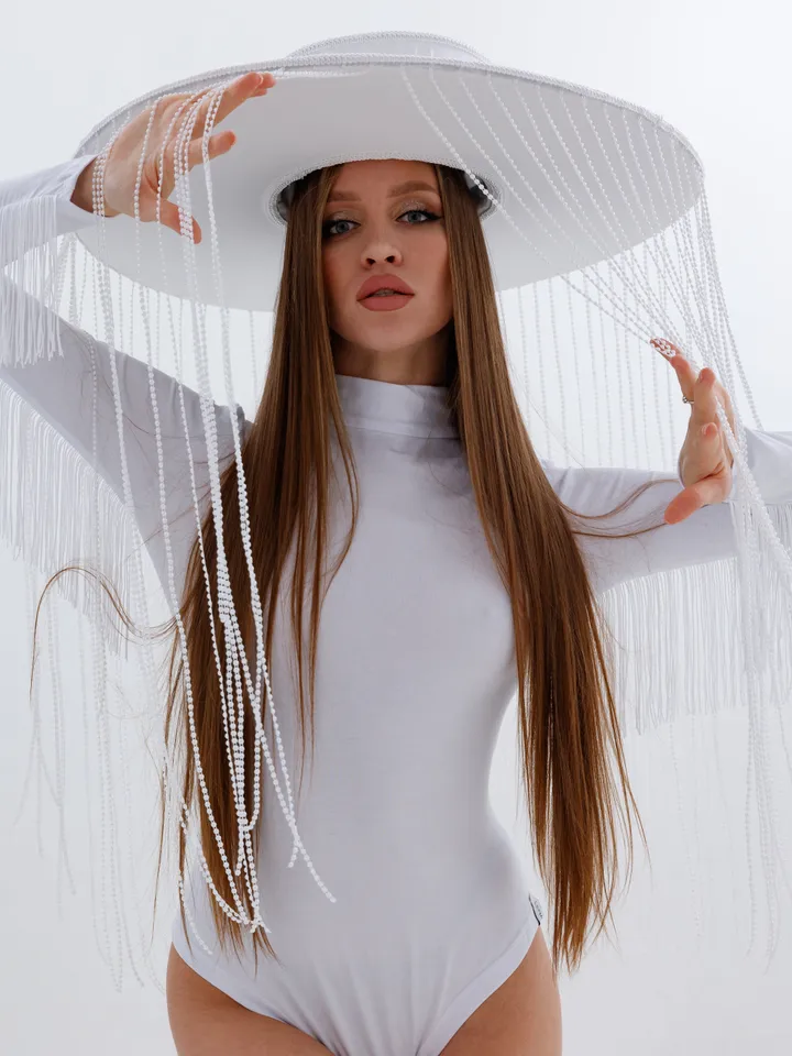 beaded hat, fringed hat, futuristic costume, photo shoot hat