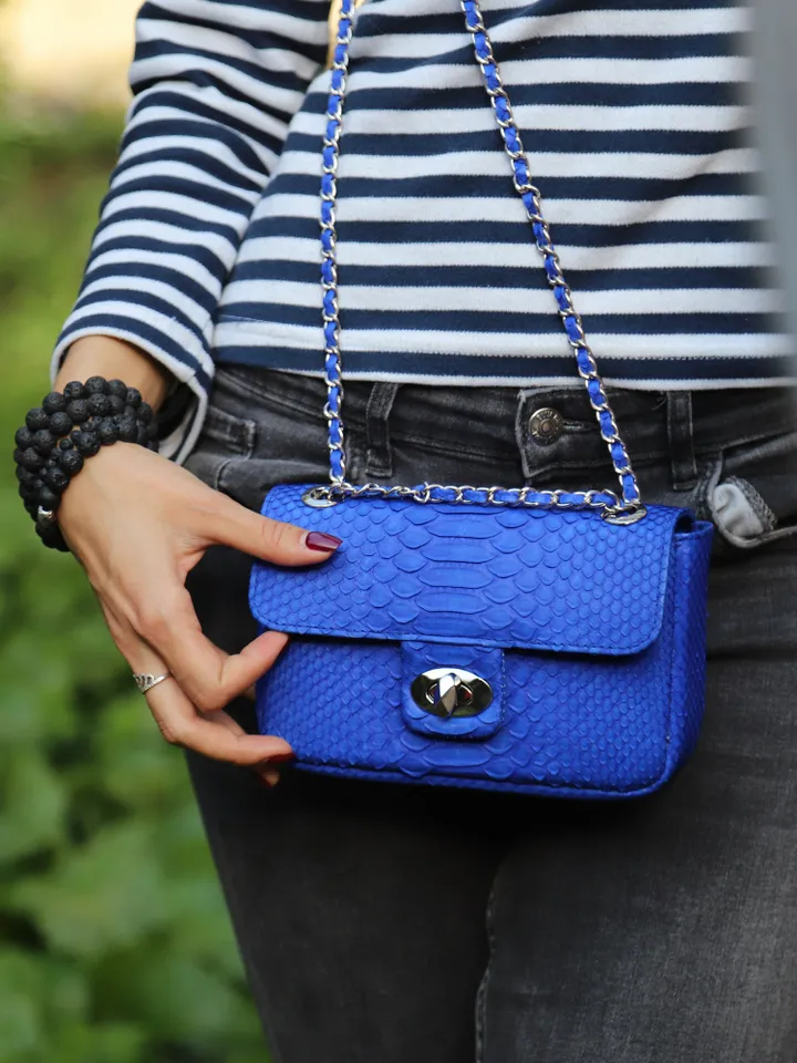 Royal Blue Crossbody Bag Genuine Python Skin | Adjustable Chain Classy Elegant Bright Blue Crossbody Small Lady Summer Bag | Python Purse