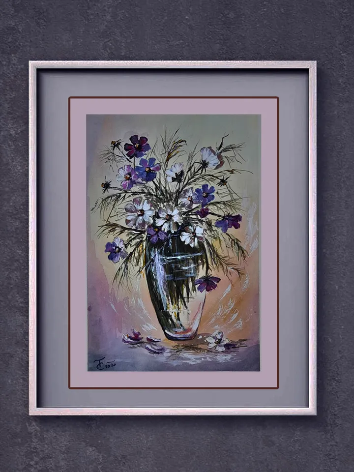Watercolor drawing of lilac pink flowers in a vase 21x30 cm (8.3 х 11,7 inches)