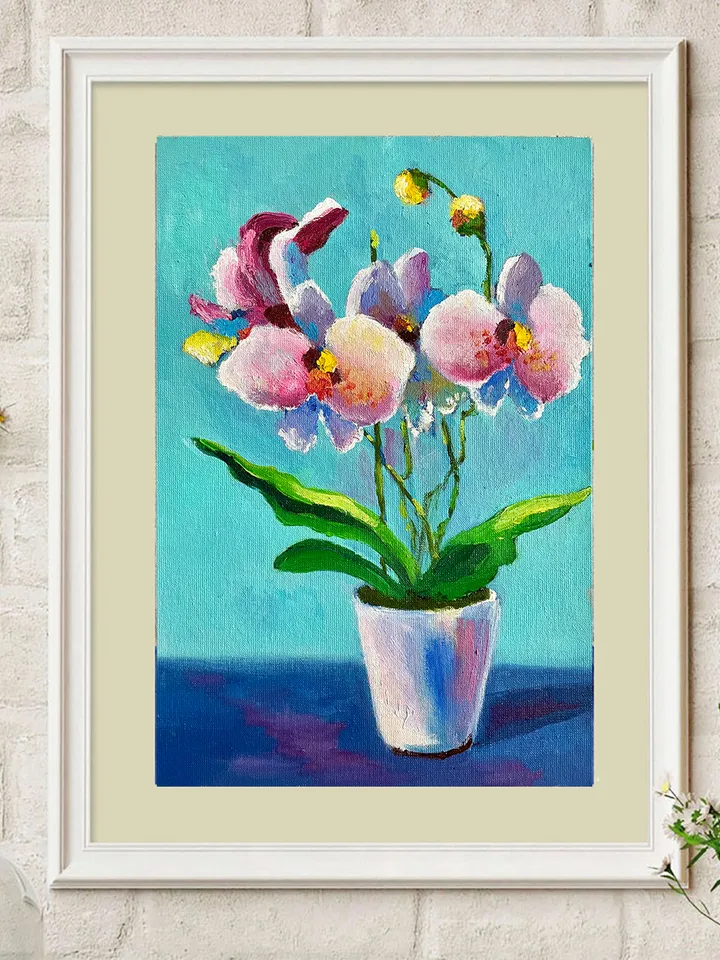 Orchid painting, original flower oil painting, pink floral art