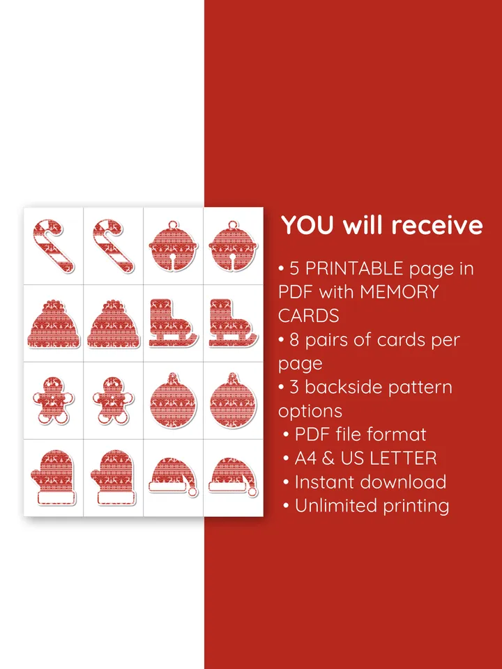 Concentration game. Matching pairs game. Memory card game. Holiday family game. Printable memory cards.Stocking stuffers