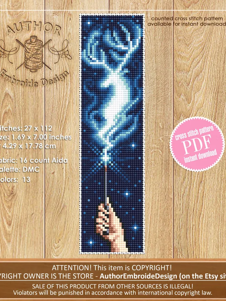 Magic bookmark cross stitch pattern download PDF Handmade bookmark digital PDF Fantasy deer cross stitch chart, Magic wand Wizard world #B80