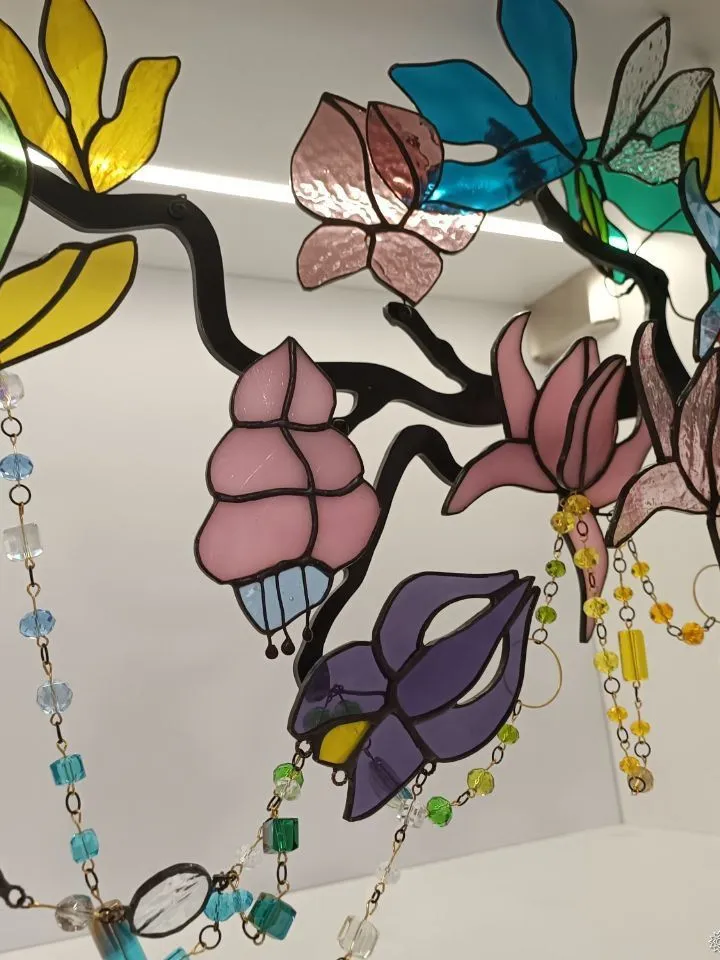 Large 3D Stained Glass Branch with Beaded Garlands, Large 3D Branch with Glass Bead Garlands, Large 3D Stained Glass Branch with Beaded Garlands, Artistic Glass Flower Stem with Beads, Fantasy-Inspired 3D Floral Glass Sculpture, Handcrafted Stained Glass