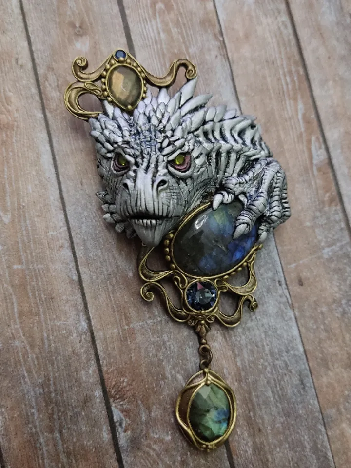 Brooch White Dragon, Dragon, Brooch with stones, unique brooch