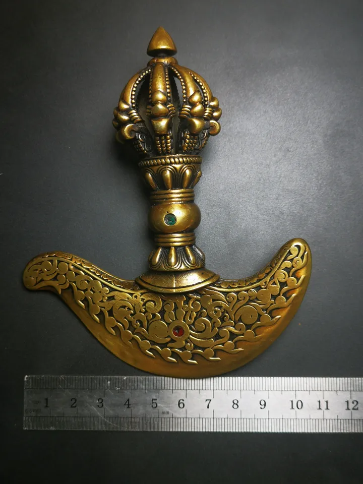 Gandhanra Antique Tibetan Amulet Ritual,Kartika(knife of the dakinis), Trantic Buddhism Dharma, Made of Brass,Agate
