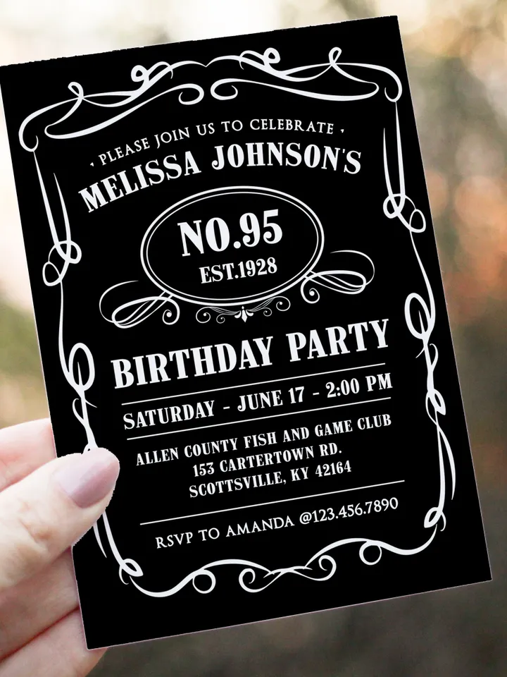 95th Birthday Invitation for Men, Vintage Whiskey Themed Birthday Invitation, Birthday Party Invite, Liquor Themed Birthday Invitation