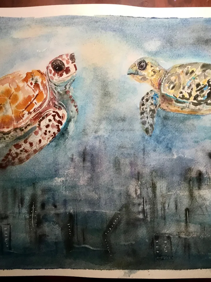 Turtles flying over a fantasy town,original watercolor painting,turtles painting,animals watercolor painting,fantasy wall art.