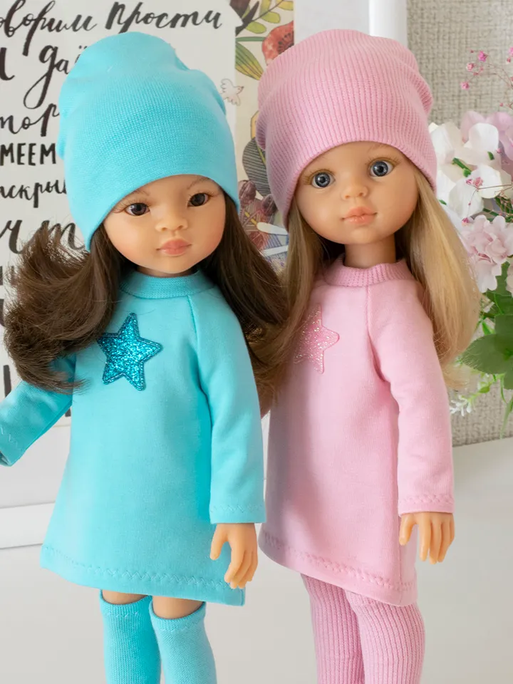 Pink and blue set clothes for Paola Reina doll, Siblies doll, Corolle, cute outfit for 13" doll, dress, hat and leggings