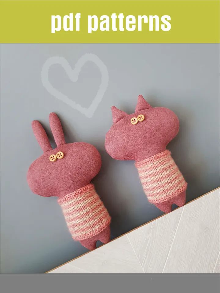 Stuffed animals patterns PDF Cat and Rabbit in sweaters, set of 2 tutorials in English for sewing and knitting