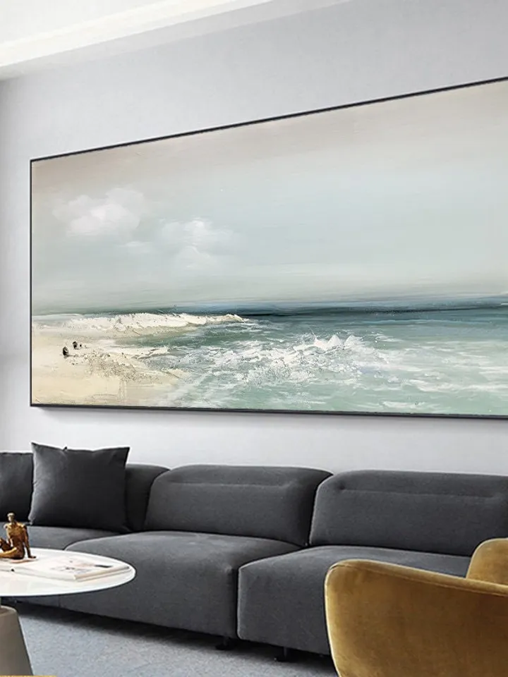 Sandy Beach Ocean Oil Painting On Canvas Blue Sky White Clouds Abstract Seascape Coastal Wall Art Acrylic Painting Large Wall Art Home Decor