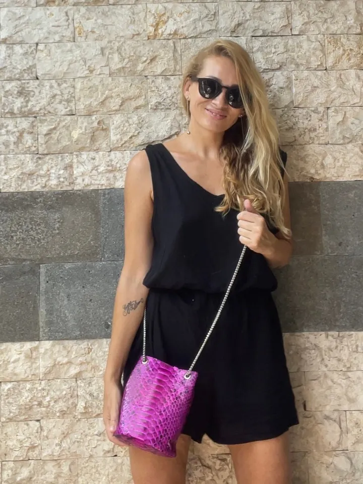 Genuine python skin bucket fuchsia chain bag / designer women purse / summer soft bag / exotic leather bags free shipping / gift for her