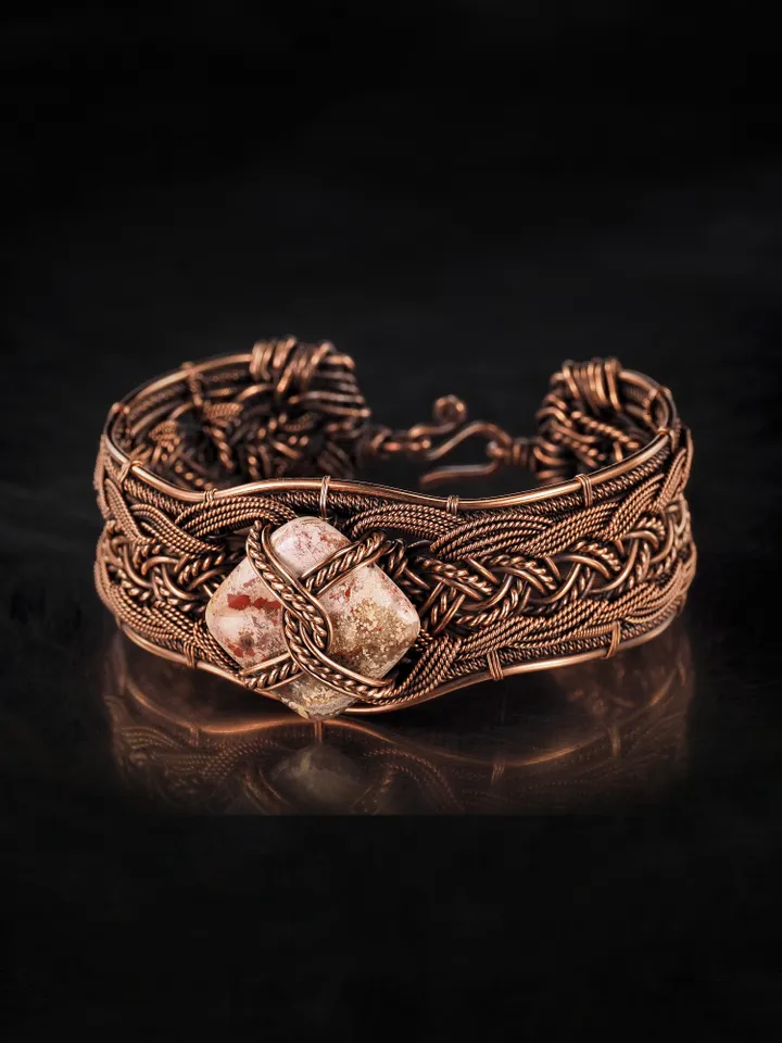 Copper wire wrapped jasper bracelet Unique woven copper wire bangle
