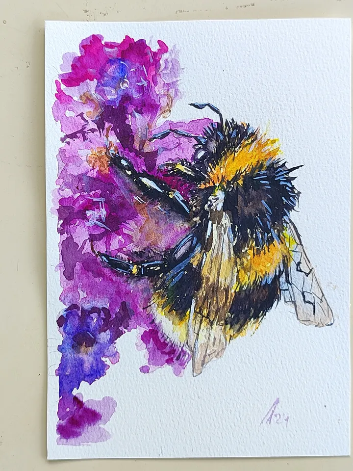Bumblebee painting original watercolor art floral artwork 19.5 by 13.5 cm