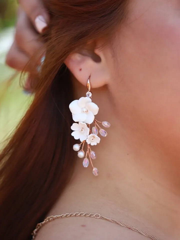 Rose Gold Polymer Clay Flowers Long Boho Wedding Earrings, Swarovski Crystal Statement Pearl Bridal Earrings, Floral Wedding Jewelry Set