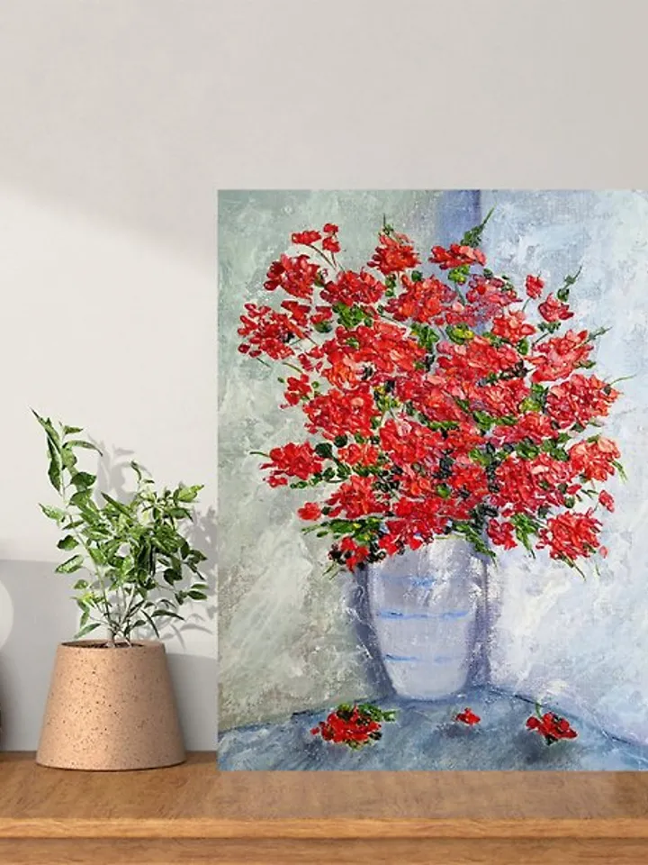 Oil painting Bright red flowers in a white vase Impasto Art 25 x 20 centimeters