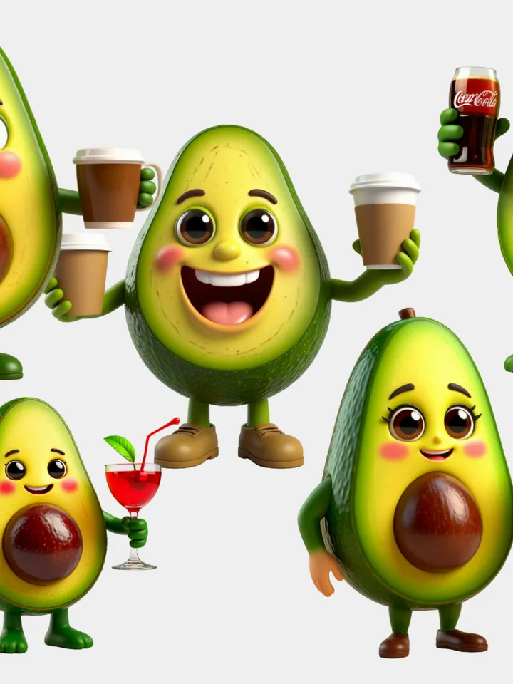 Funny Avocado with Drinks PNG Set
