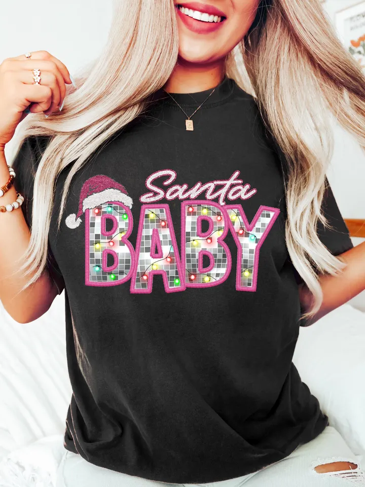 Santa Baby Png, Faux Glitter Sequins, Sparkly Christmas Png, Faux Embroidery Letters, Print File, Sublimation Design, Download ONLY
