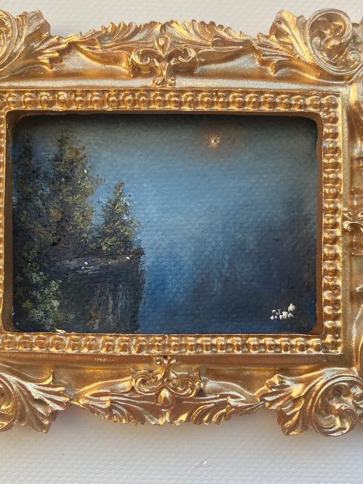 Small Landscape Oil Painting Framed Original Foggy Cliff Painting Antique Misty Art Gold Frame Tiny Paintings 3 x 4 Art