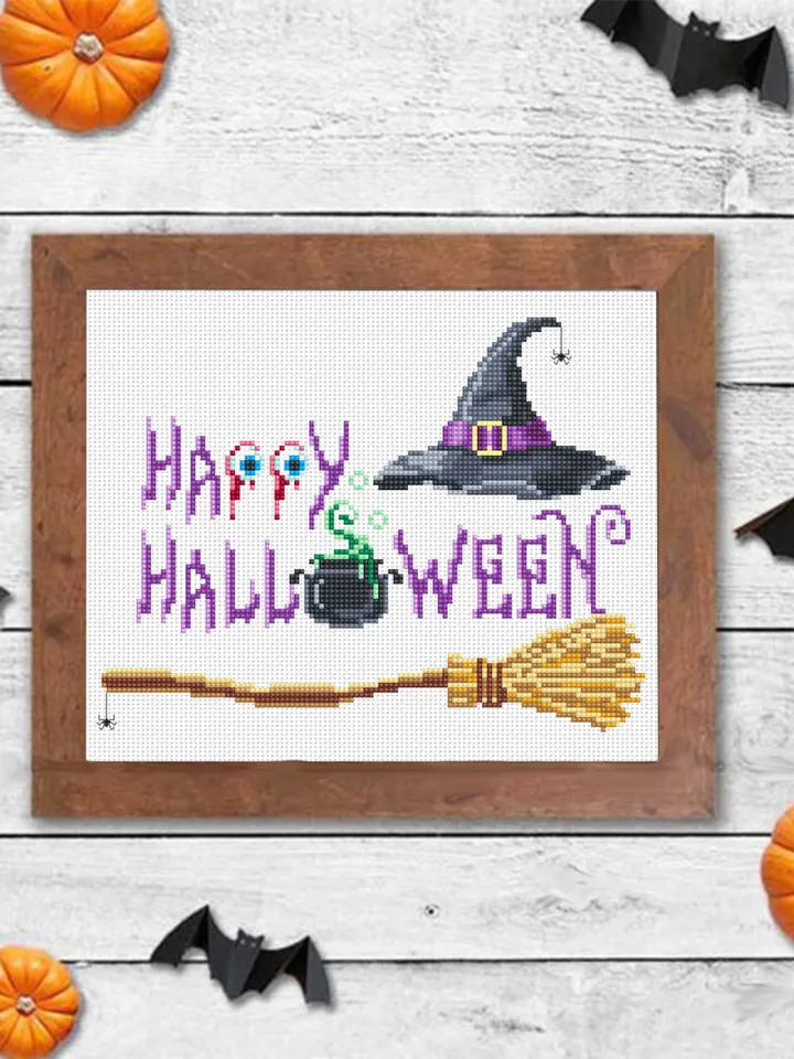 Happy Halloween cross stitch pattern PDF download Witch cross stitch chart, Halloween pattern digital PDF Witch hat Halloween embroidery #H3