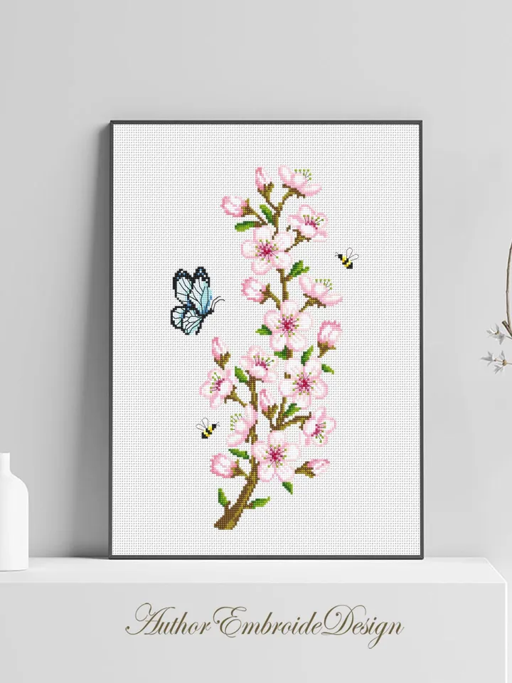 Cherry blossom branch cross stitch pattern PDF download Spring flowers cross stitch chart, Floral pattern digital PDF, Sakura blossom #P54