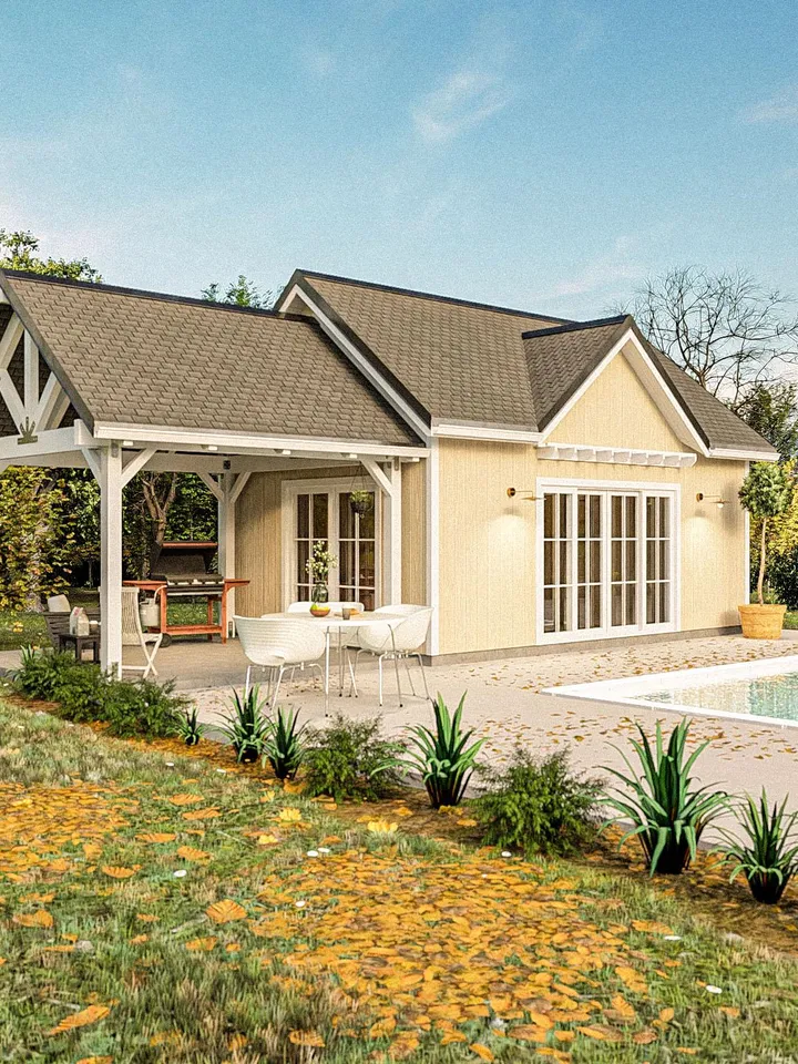 Pool House Plan with Loft & Covered Porch: Country Shed Blueprints (PDF Downloadable)