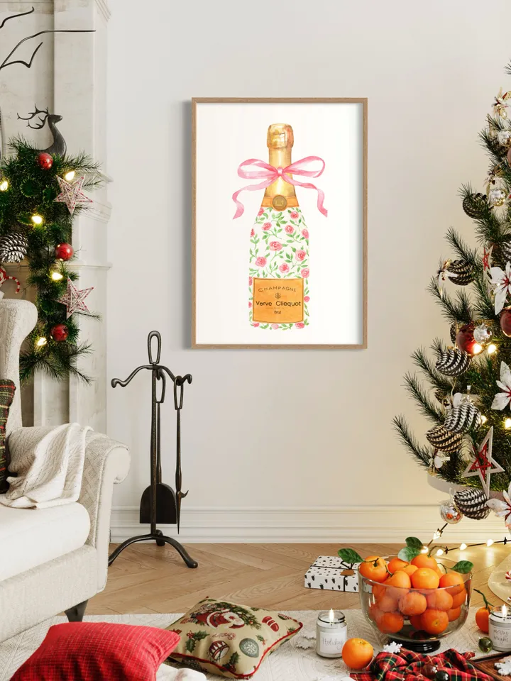 Champagne Bottle Chinoiserie Style Wall Art Print,Pink Watercolor Bar Cart Print, Cocktail Decor,Wine Wall Art,Preppy Bar Cart, Gift For Her