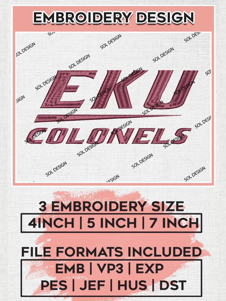 NCAA EKU Colonels Team Logo Embroidery Design Files, NCAA Eastern Kentucky Colonels Machine Embroidery, NCAA Teams, 3 sizes, NCAA Machine embroidery designs, Digital Download