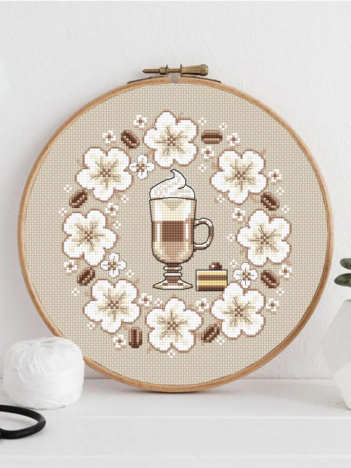 Coffee cross stitch pattern PDF download Latte cross stitch chart, Floral coffee pattern digital PDF, Flower wreath, Coffee lover gift #F19