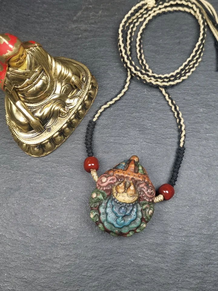Gandhanra Old Tibetan Stupa Tsa Tsa Amulet, Double-sided Stupa and Scorpion Guru of Padmasambhava, Scorpion Terma Pendant,30 Years Old