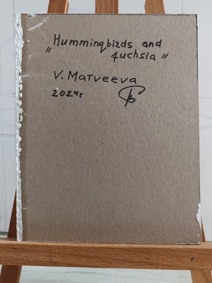 Painting "Hummingbird and fuchsia flowers."/acrylic painting, cardboard 6x8". Author's handmade.