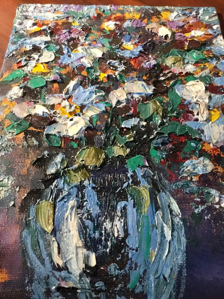 Triptych- original oil painting on canvas boards,flowers in a vase impasto style textured paintings, unique handmade gifts, home decoration.