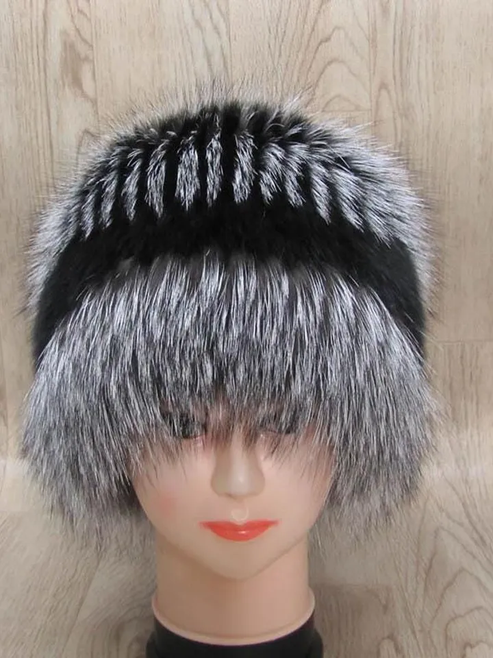 Women's fur hat made of silver fox with arctic fox. Warm hat for winter. Silver hat with black. Sits comfortably on the head